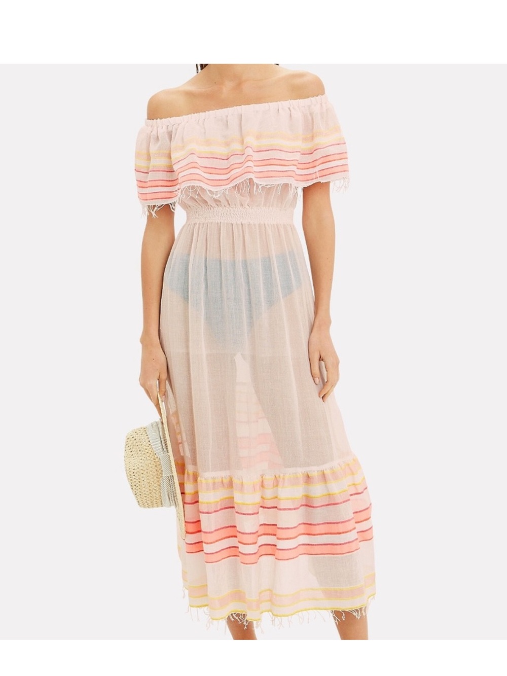 Lemlem Sheer Off-Shoulder Maxi Dress in Nude with Coral & Yellow Stripes
